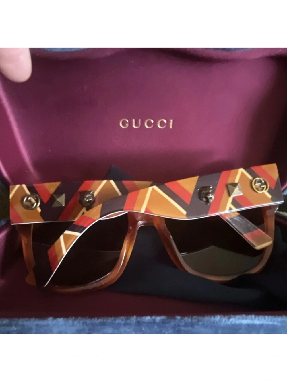 Gucci Women’s Red Orange Brown Striped Oversized Sunglasses